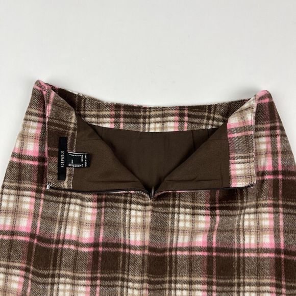 Forever 21 Women's Brown Pink Plaid Fully Lined Flannel Mini Skirt Size Small - Picture 7 of 13